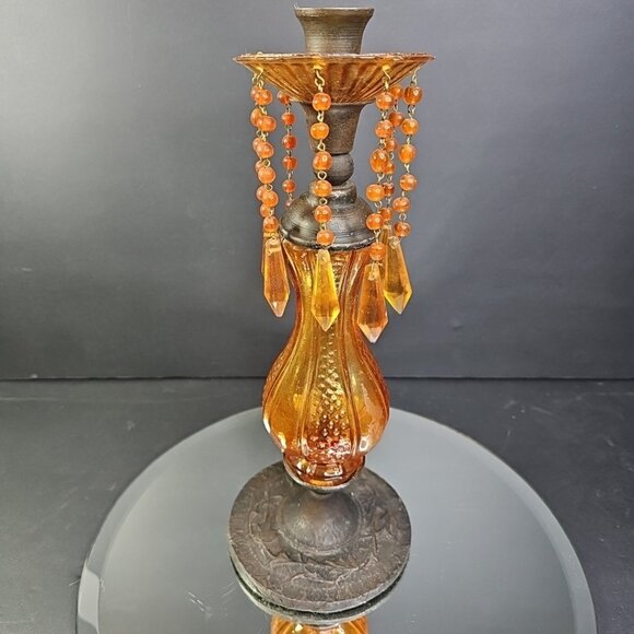 Vintage Candlestick Holder With Amber Glass And Plastic Beads 12 Inches Tall - Picture 7 of 8